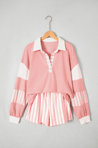 Gossamer Pink Striped Color Block Pullover Top Drawstring Shorts Set