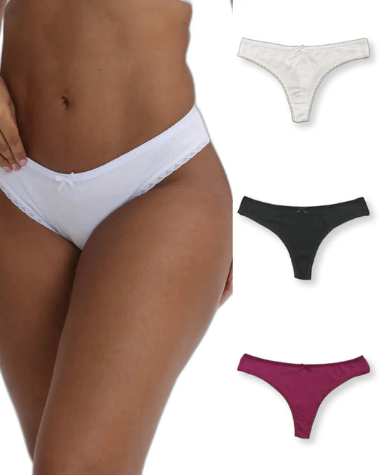 Nataliz pack of 3 cotton thongs with lace trimming in white black and red, on model with all colors shown