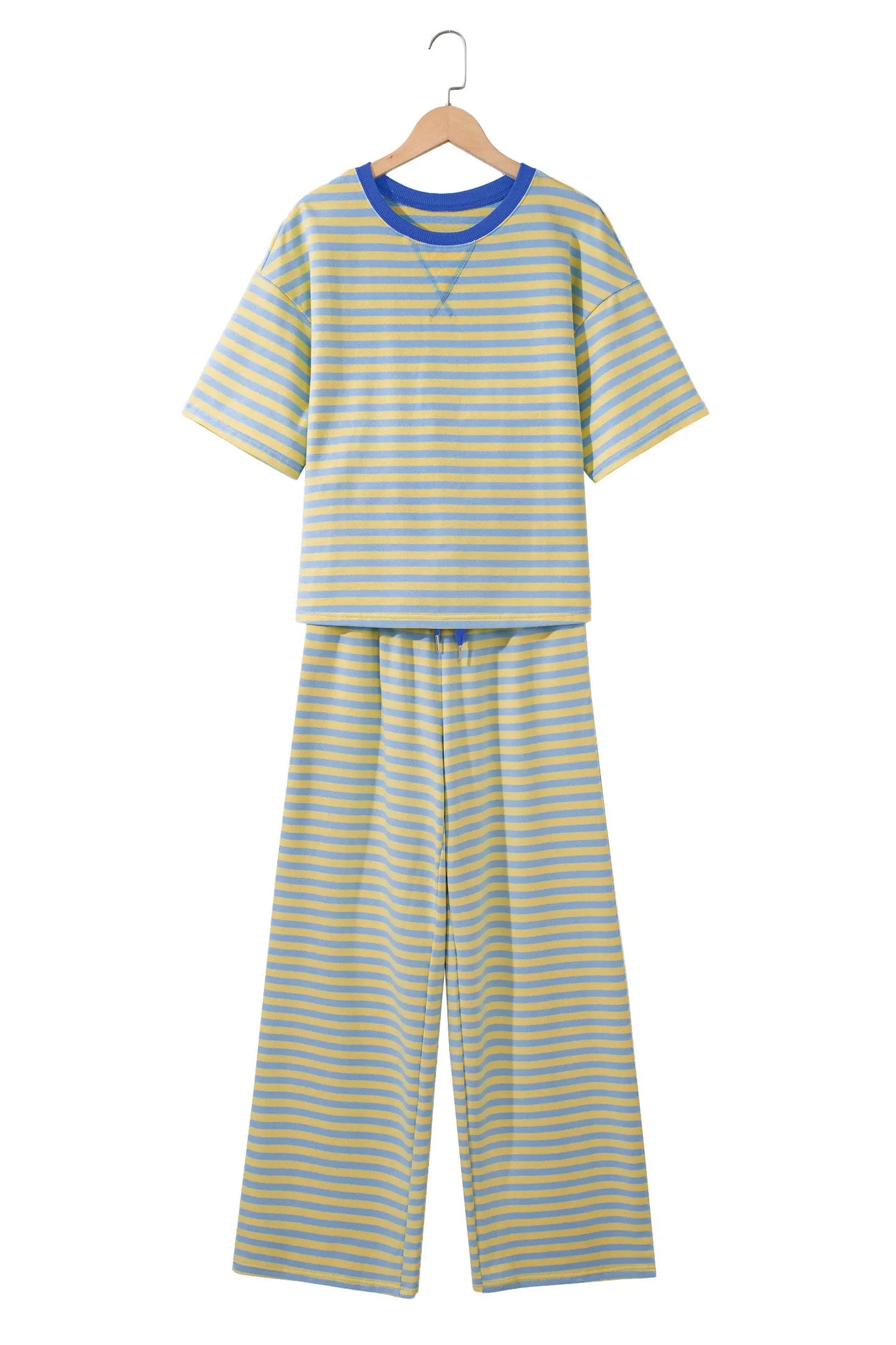 Yellow Stripe Colorblock Trim Crew Neck Loose Tee Drawstring Elastic Waist 2pcs Pant Set