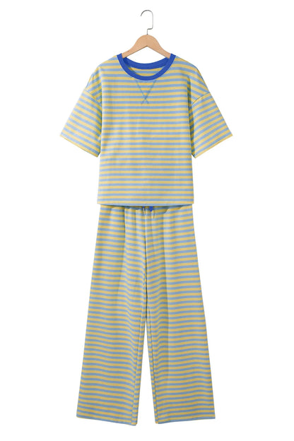 Yellow Stripe Colorblock Trim Crew Neck Loose Tee Drawstring Elastic Waist 2pcs Pant Set