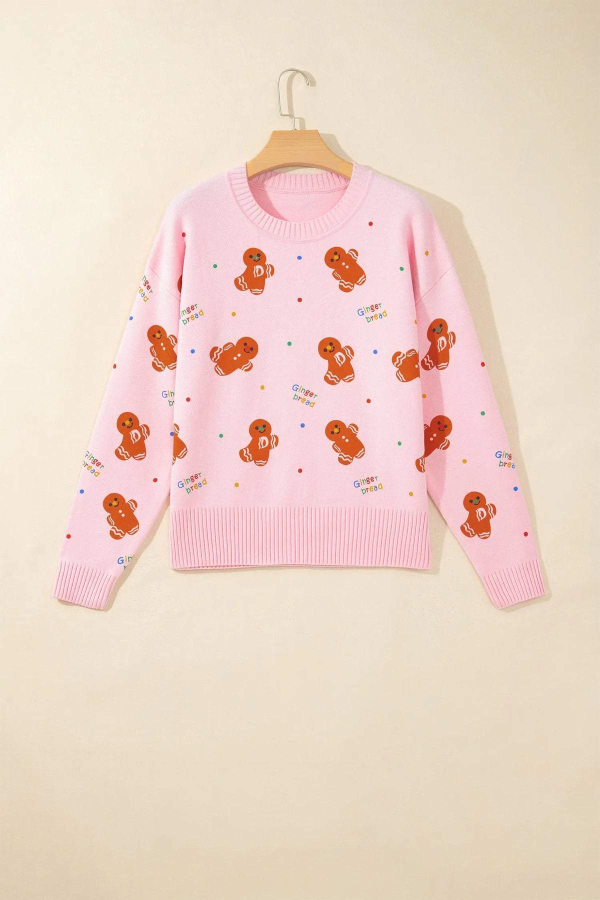 Pink Festive Gingerbread Pattern Long Sleeve Round Neck Sweater