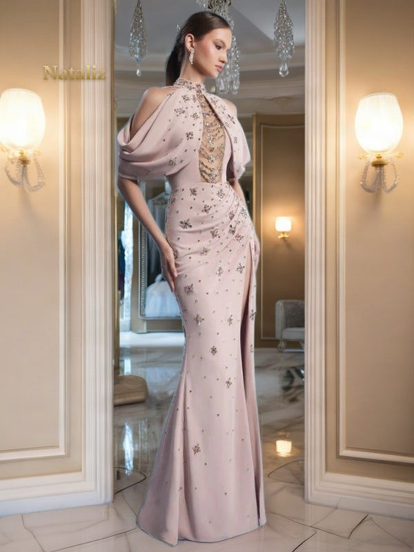 Beaded Halter Maxi Gown in Blush Pink model front view