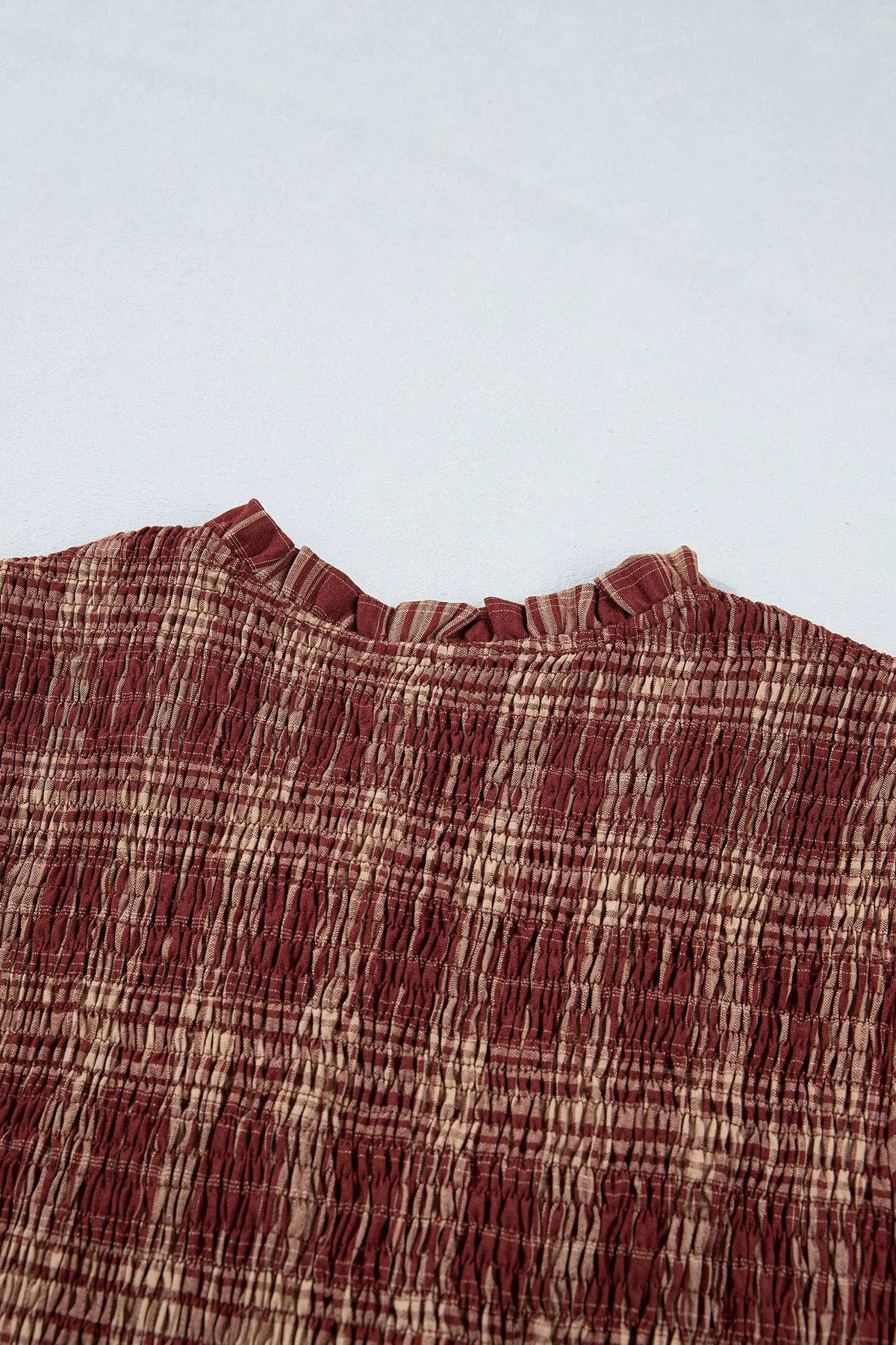 Red Vintage Plaid Knot Front Smocked High Waist Midi Dress smocked fabric detail view · nz-alt-v1