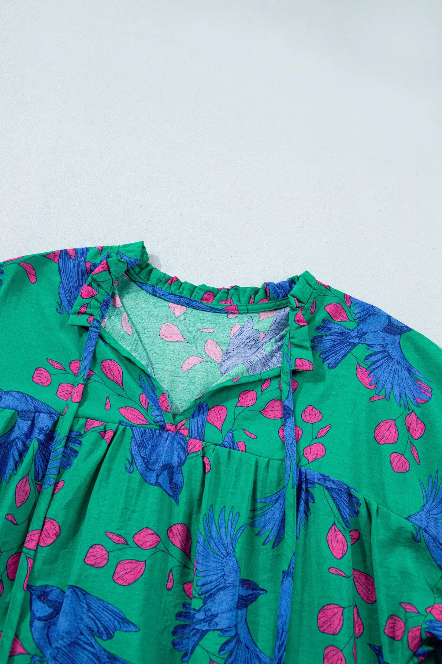 Green Abstract Print V Neck Flounced Puff Sleeve Blouse
