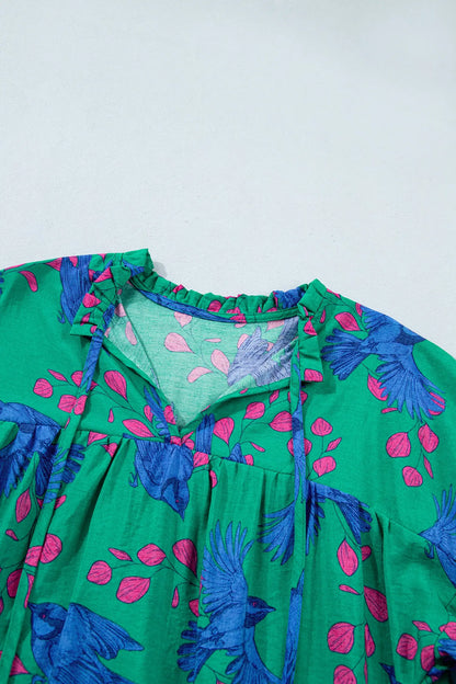 Green Abstract Print V Neck Flounced Puff Sleeve Blouse
