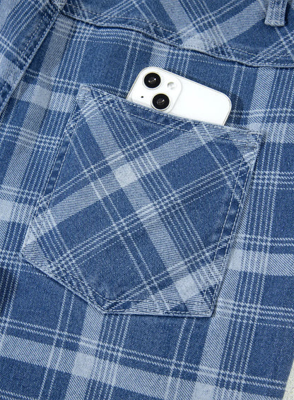 Sky Blue Plaid Denim Grommet Drawstring Waist Ankle-Length Jeans
