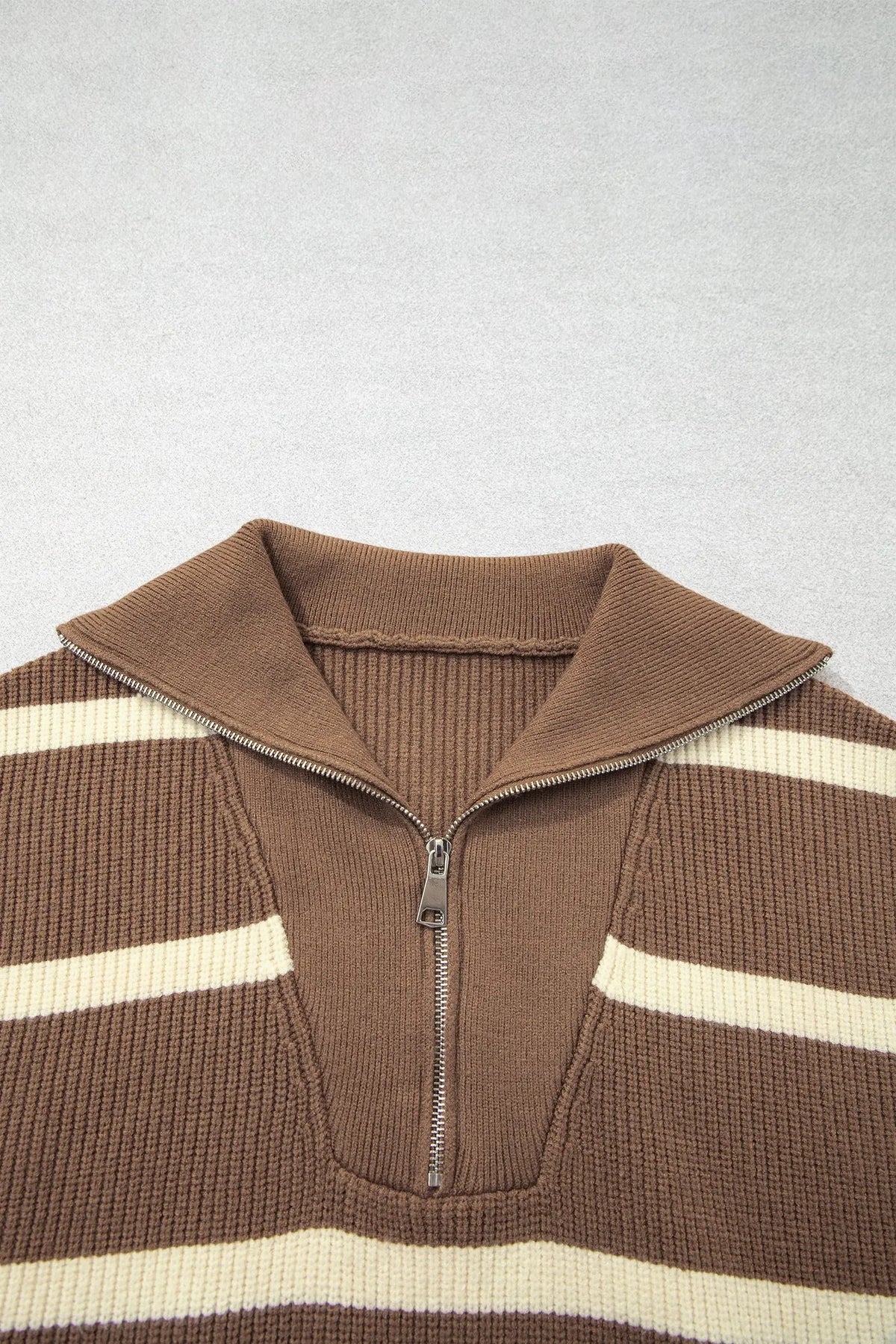 Brown Stripe Striped Colorblock Drop Shoulder V Neck Tunic Sweater T-shirt