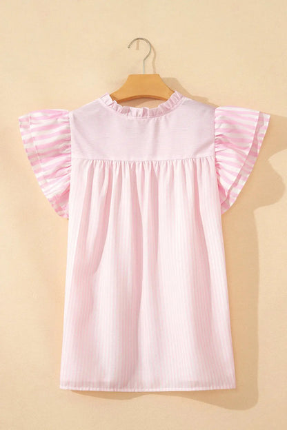 Pink Stripe Contrast Trim V Neck Flutter Sleeve Blouse - Blouses & Shirts