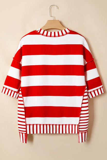 Red Stripe Sequin Bow Patriotic Half Sleeve Top - Tops