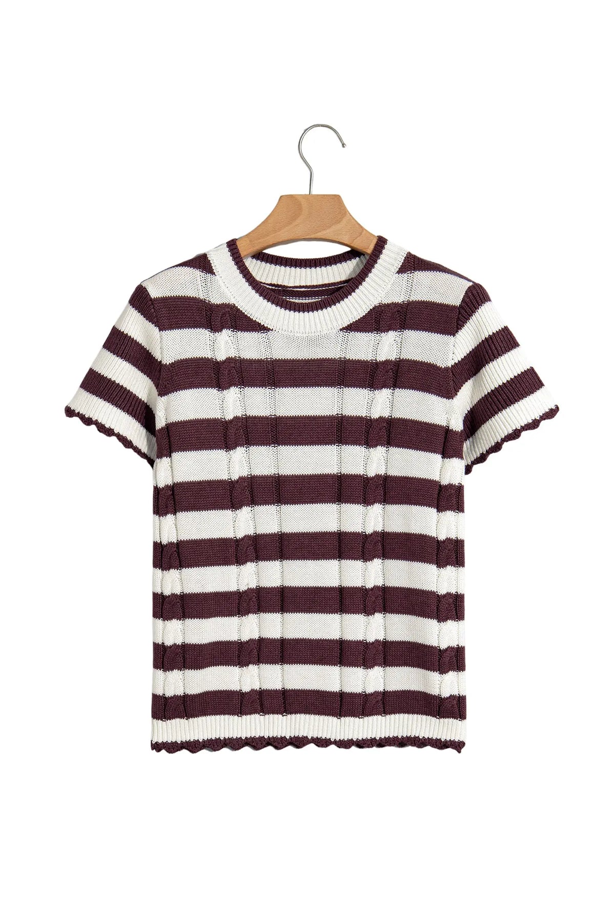 Brown Stripe Ribbed Knit Cable Detail Short Sleeve Sweater