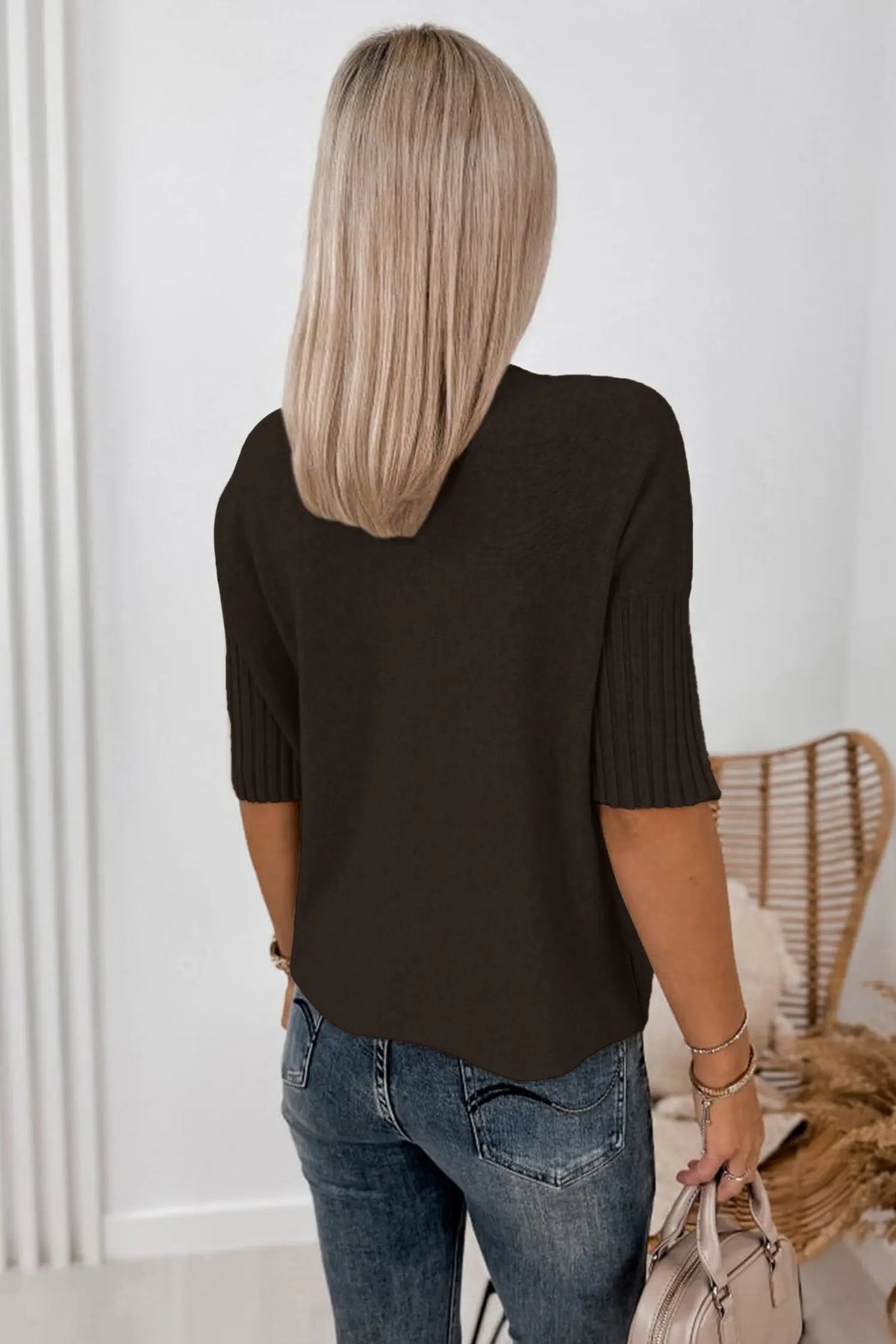 Burgundy Ribbed Trim High Neck Short Sleeve Casual Sweater