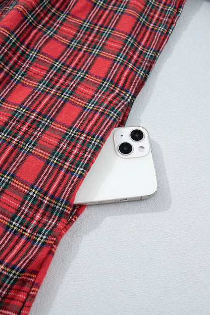 Red Plaid Square Collar Lace Trim Short Sleeve Shift Mini Dress