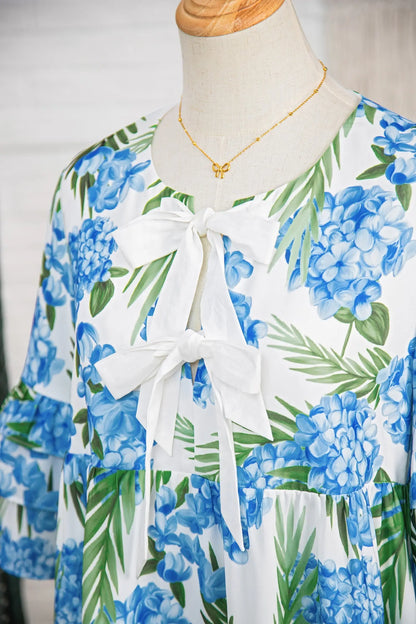 Sky Blue Palm Floral Print Contrast Ribbon Knot Ruffle Tiered Sleeve Mini Dress - Casual Dresses