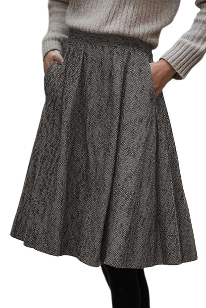 Brown Solid Color Textured Pleated Midi Skirt
