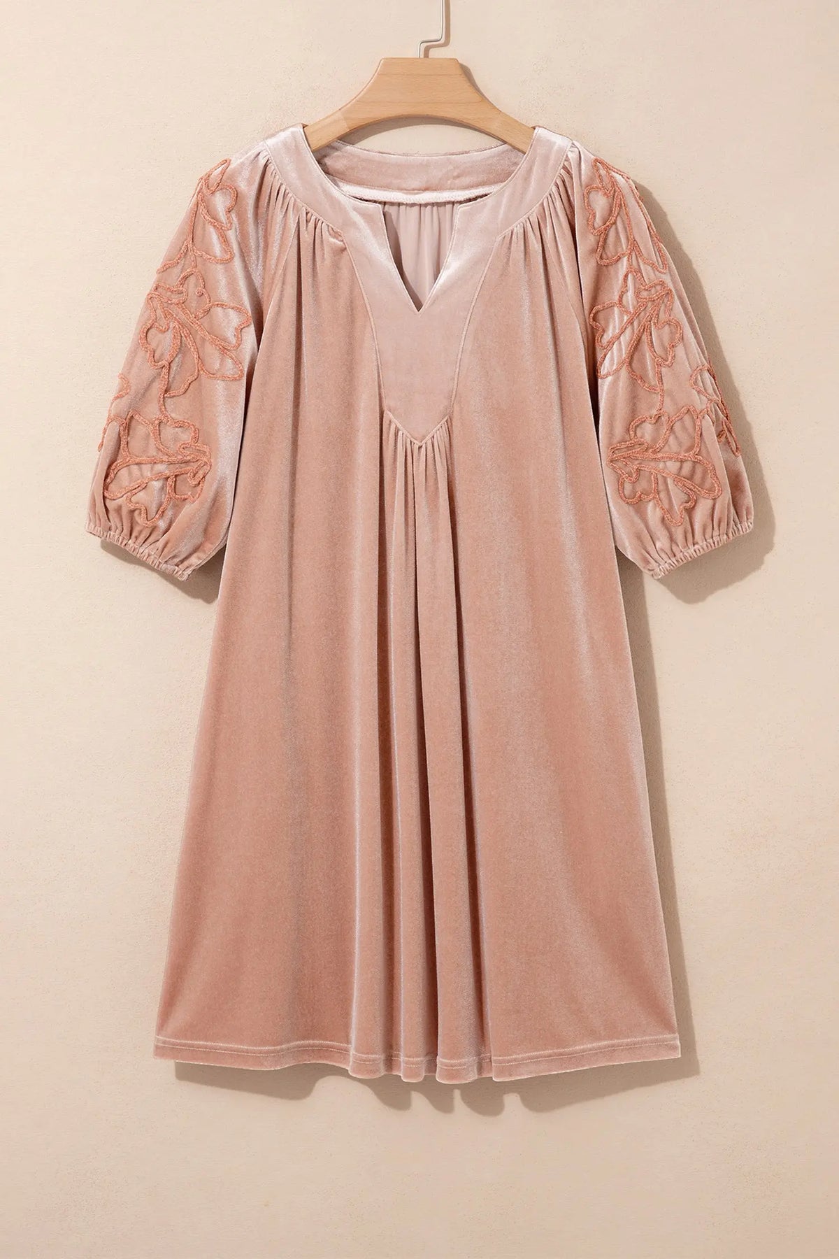 Light French Beige Embroidered Sleeve Velvet Mini Shift Dress hanging view · nz-alt-v1