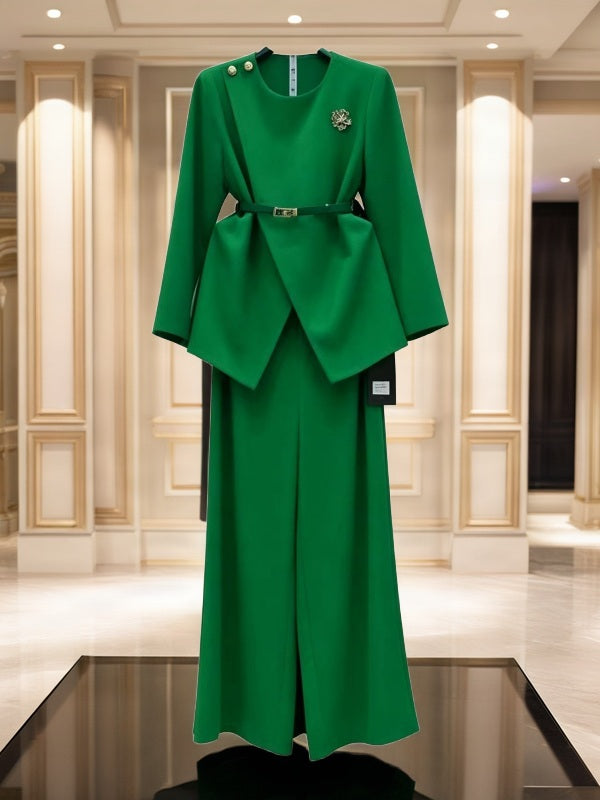 Belted Wrap-Front Top and Wide-Leg Trouser Set hanging view · nz-bg-v1