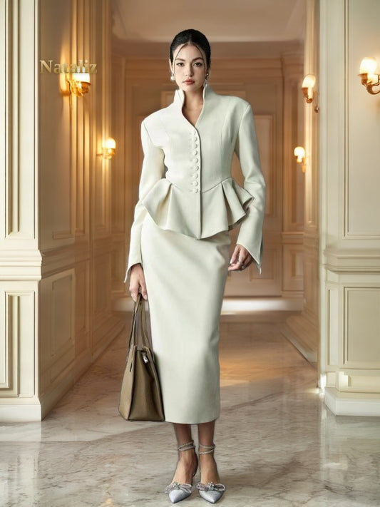 Ivory Peplum Jacket and Midi Skirt Two-Piece Set model front view