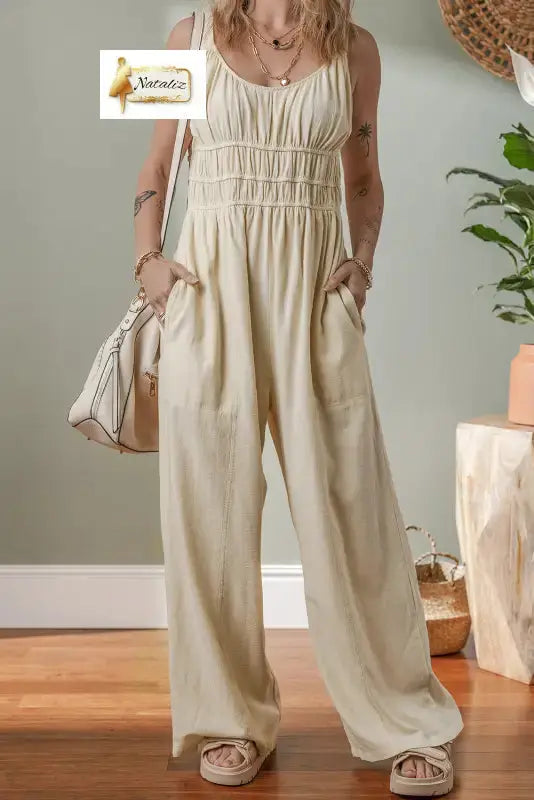 100% Cotton Beige High Waist Sleeveless Wide Leg Jumpsuit Dear-Lover Dropshipping