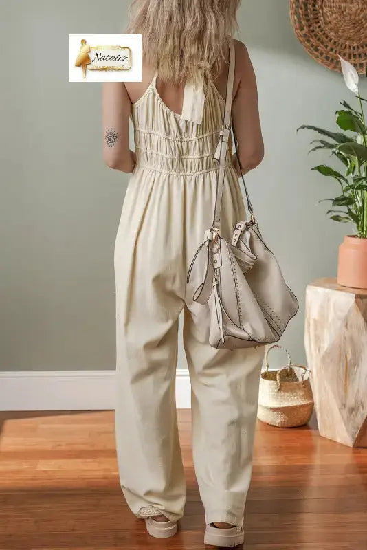 100% Cotton Beige High Waist Sleeveless Wide Leg Jumpsuit Dear-Lover Dropshipping