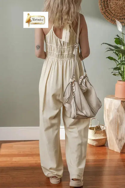 100% Cotton Beige High Waist Sleeveless Wide Leg Jumpsuit Dear-Lover Dropshipping