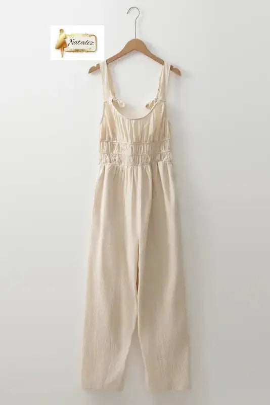 100% Cotton Beige High Waist Sleeveless Wide Leg Jumpsuit Dear-Lover Dropshipping