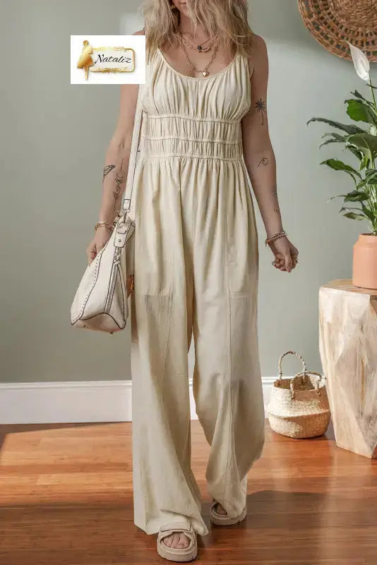 100% Cotton Beige High Waist Sleeveless Wide Leg Jumpsuit Dear-Lover Dropshipping