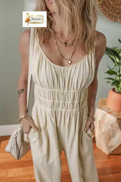 100% Cotton Beige High Waist Sleeveless Wide Leg Jumpsuit Dear-Lover Dropshipping