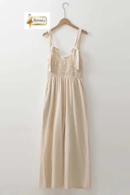 100% Cotton Beige High Waist Sleeveless Wide Leg Jumpsuit Dear-Lover Dropshipping