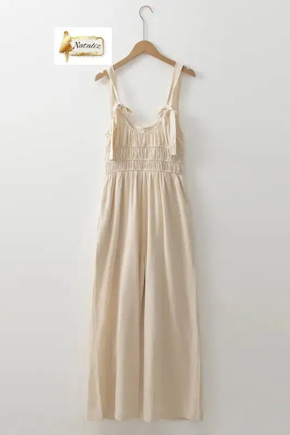 100% Cotton Beige High Waist Sleeveless Wide Leg Jumpsuit Dear-Lover Dropshipping