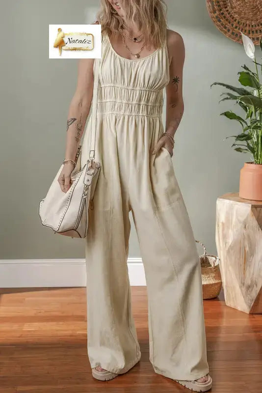 100% Cotton Beige High Waist Sleeveless Wide Leg Jumpsuit Dear-Lover Dropshipping
