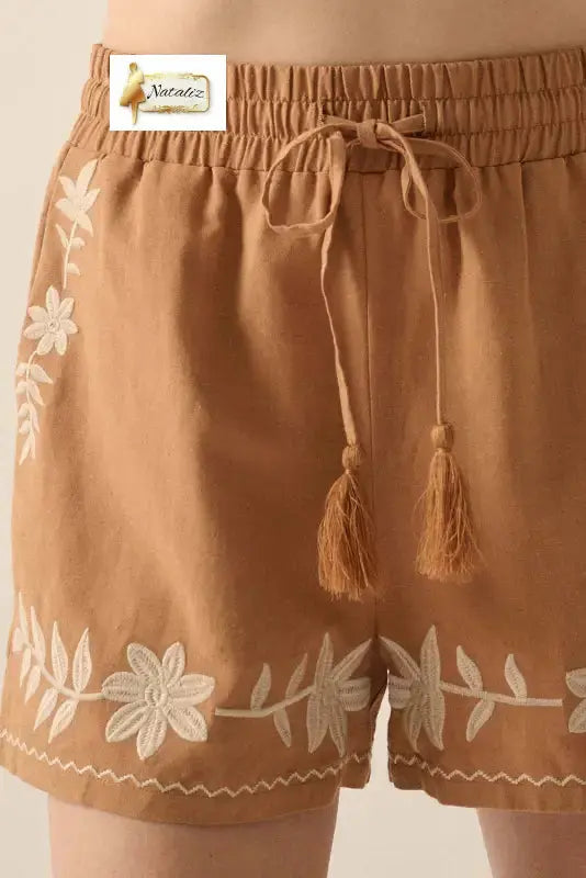 100% Cotton Khaki Embroidered Boho Tasseled Drawstring Elastic Waistband Casual shorts Dear-Lover Dropshipping