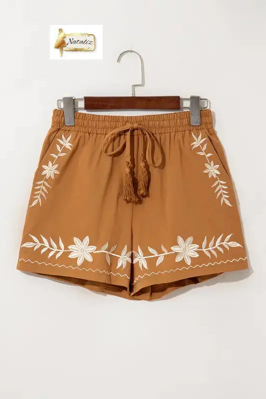 100% Cotton Khaki Embroidered Boho Tasseled Drawstring Elastic Waistband Casual shorts Dear-Lover Dropshipping