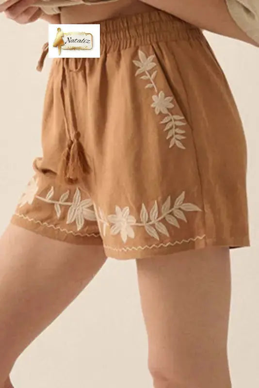 100% Cotton Khaki Embroidered Boho Tasseled Drawstring Elastic Waistband Casual shorts Dear-Lover Dropshipping