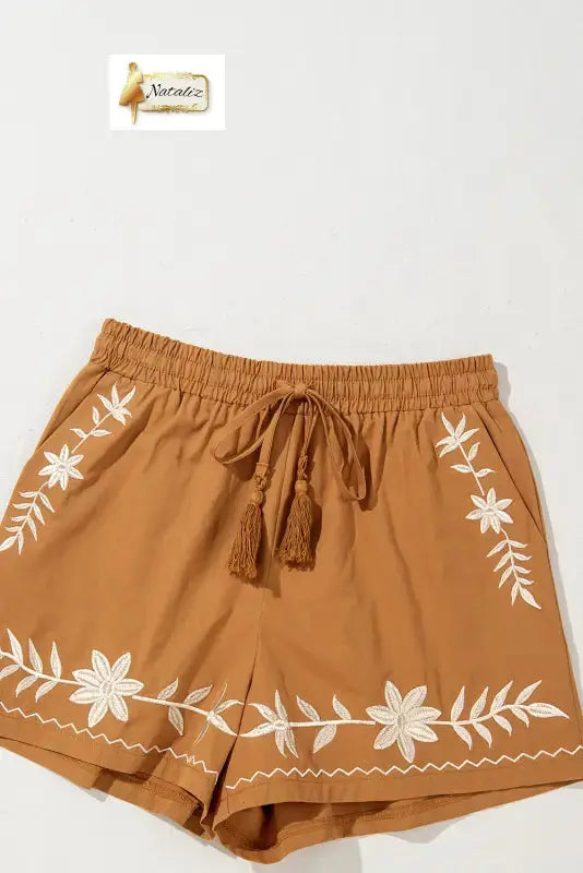 100% Cotton Khaki Embroidered Boho Tasseled Drawstring Elastic Waistband Casual shorts Dear-Lover Dropshipping