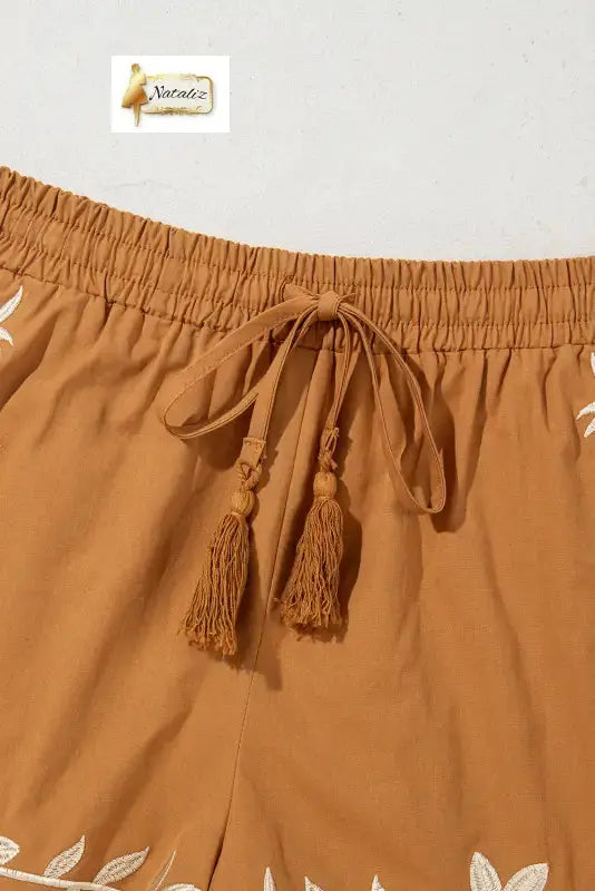 100% Cotton Khaki Embroidered Boho Tasseled Drawstring Elastic Waistband Casual shorts Dear-Lover Dropshipping