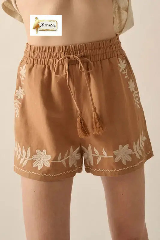 100% Cotton Khaki Embroidered Boho Tasseled Drawstring Elastic Waistband Casual shorts Dear-Lover Dropshipping