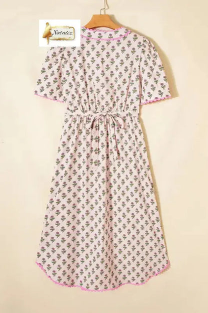 100% Cotton Pink Floral Print V Neck Scallop Trim Button Front Short Sleeve Long Dress Nataliz