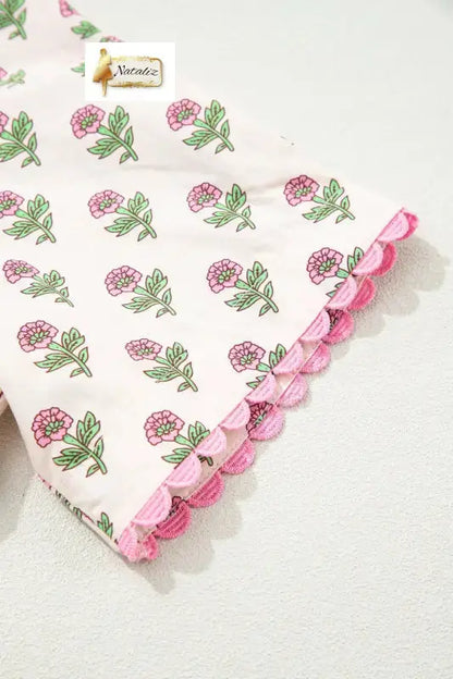 100% Cotton Pink Floral Print V Neck Scallop Trim Button Front Short Sleeve Long Dress Nataliz