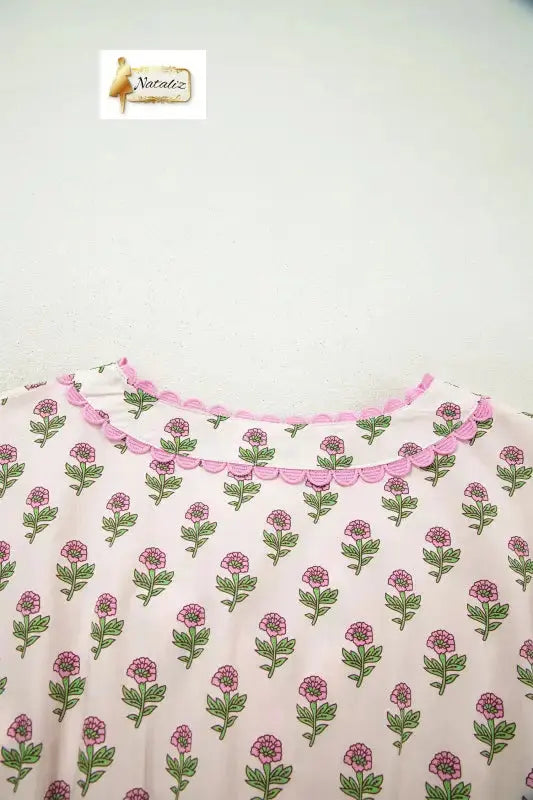 100% Cotton Pink Floral Print V Neck Scallop Trim Button Front Short Sleeve Long Dress Nataliz