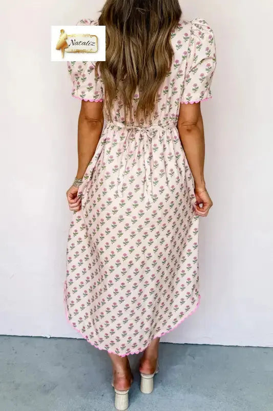100% Cotton Pink Floral Print V Neck Scallop Trim Button Front Short Sleeve Long Dress Dear-Lover Dropshipping