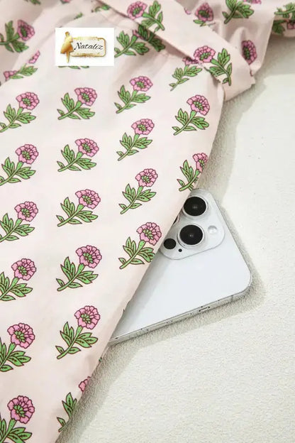 100% Cotton Pink Floral Print V Neck Scallop Trim Button Front Short Sleeve Long Dress Nataliz