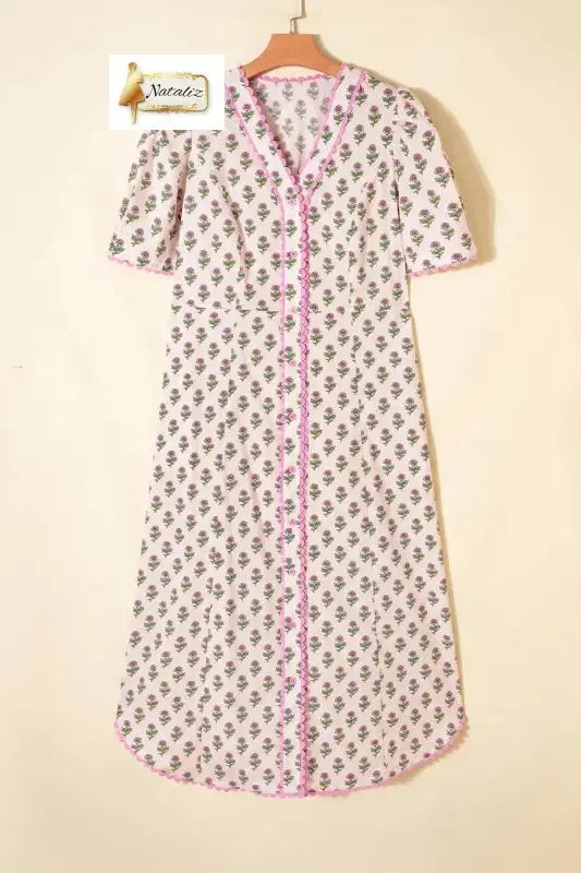 100% Cotton Pink Floral Print V Neck Scallop Trim Button Front Short Sleeve Long Dress Dear-Lover Dropshipping