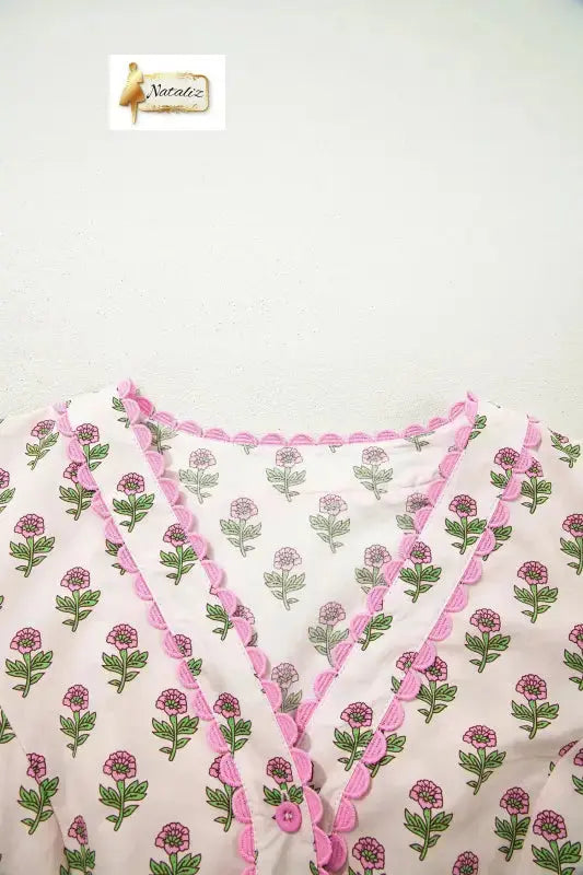 100% Cotton Pink Floral Print V Neck Scallop Trim Button Front Short Sleeve Long Dress Nataliz