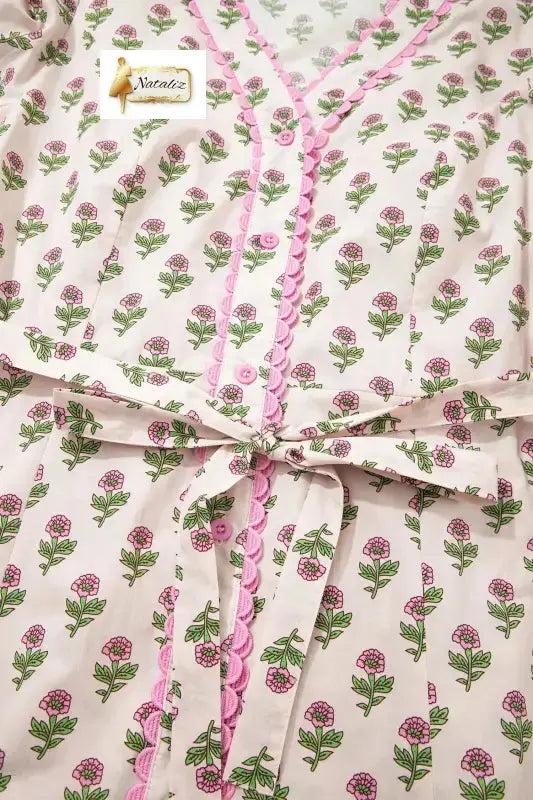 100% Cotton Pink Floral Print V Neck Scallop Trim Button Front Short Sleeve Long Dress Nataliz