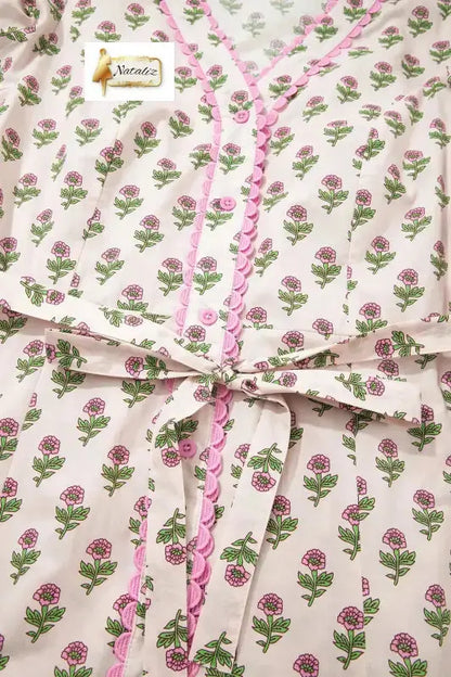 100% Cotton Pink Floral Print V Neck Scallop Trim Button Front Short Sleeve Long Dress Nataliz