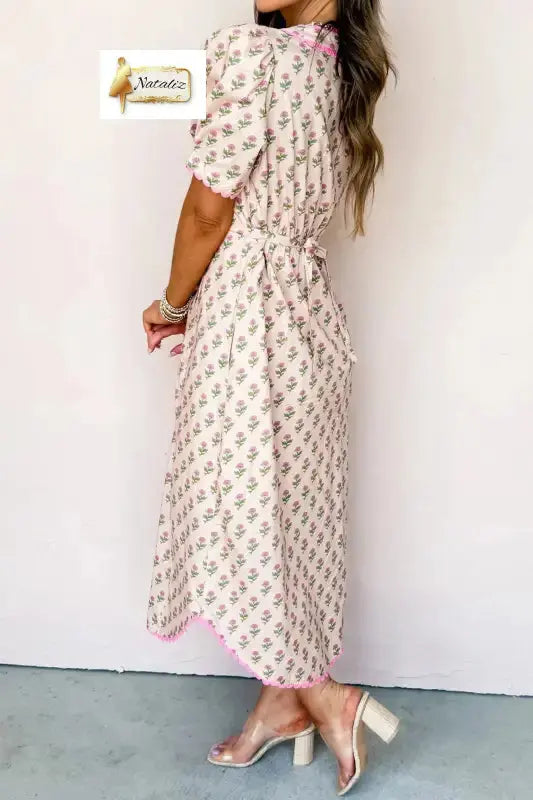 100% Cotton Pink Floral Print V Neck Scallop Trim Button Front Short Sleeve Long Dress Dear-Lover Dropshipping