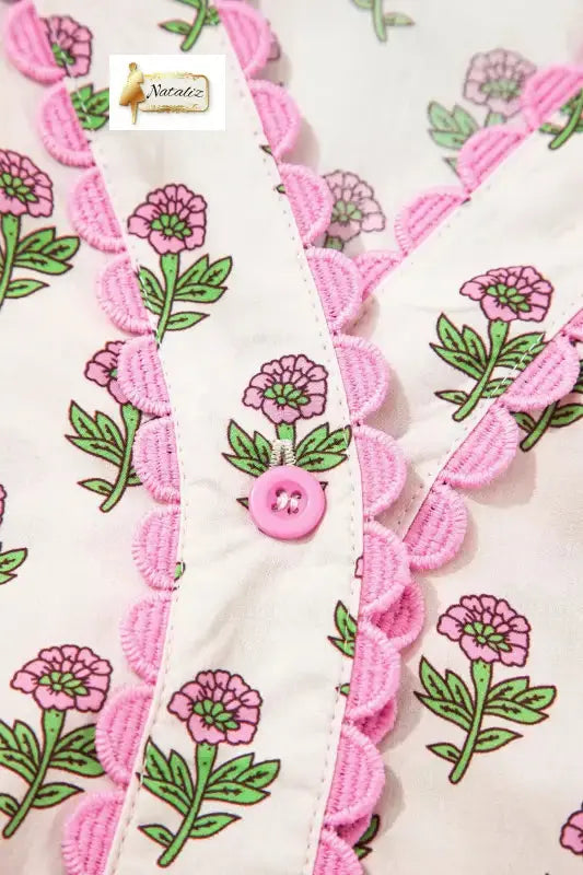 100% Cotton Pink Floral Print V Neck Scallop Trim Button Front Short Sleeve Long Dress Nataliz