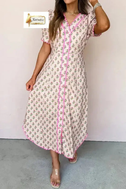100% Cotton Pink Floral Print V Neck Scallop Trim Button Front Short Sleeve Long Dress Dear-Lover Dropshipping