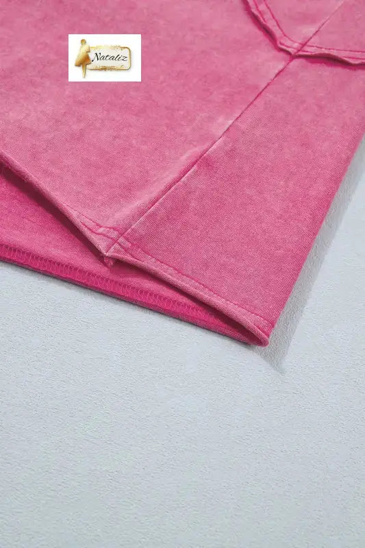 100% Cotton Pink Mineral Wash Raw Seam Detail Lace Trim Cap Sleeve Top Nataliz