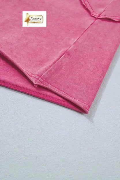 100% Cotton Pink Mineral Wash Raw Seam Detail Lace Trim Cap Sleeve Top Nataliz
